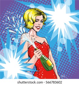 Vector illustration of woman with opened bottle of champagne in pop art retro comic style. Champagne splashes. Celebration event.