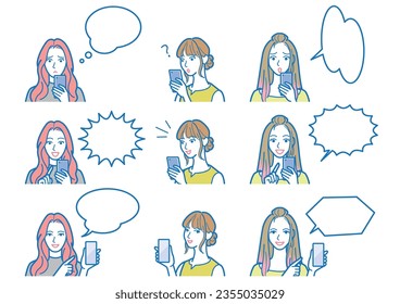 Vector illustration of a woman operating a smartphone.