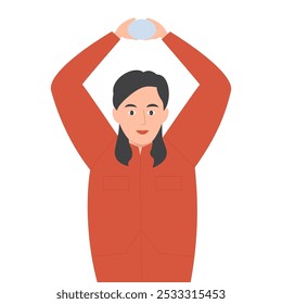 Ilustración vectorial de una mujer con una chaqueta de invierno naranja, sonriendo y sosteniendo una bola de nieve sobre su cabeza.