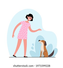 Vector illustration of woman owner training her dog