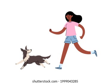 Vector illustration of woman owner training and walking with dog