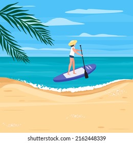 Vector illustration Woman paddling Stand up paddle board. SUP. Sea background. Beach vacation, travel concept. Summer. Sports and recreation theme. Sea coast. Marine. Sand.