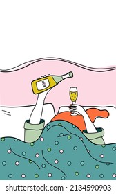 Vector illustration of woman in pajamas lying in bed with glass of prosecco and bottle. Wine party, good morning, relaxing and holiday concept. svg