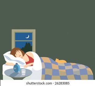 Vector Illustration Of A Woman Peacefully Sleeping. There Is A Cat On The Bed, Nightstand And Window With Night Sky And Crescent Moon.