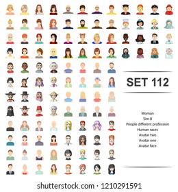 Vector illustration of woman, people, different, profession, human races avatar face icon set.