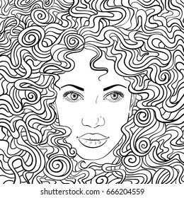 Vector illustration of woman with perfect beautiful face and curly hair filling entire square page background, Hand drawn outline, Can be used for adult coloring book