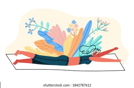 Vector illustration of woman performing exercise for back, arms and thighs. Concept healthy lifestyle, Pilates, warm up at home. It can be used in web design, banners, etc.