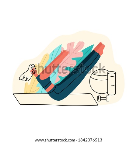 Vector illustration of woman performing exercise for abs, back and thighs. Concept of healthy lifestyle, Pilates, warm up at home. It can be used in web design, banners, etc.