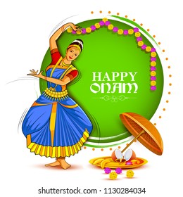 vector illustration of woman performing Mohiniyattam dance for Happy Onam festival of South India Kerala background