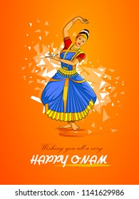 vector illustration of woman performing Mohiniyattam dance for Happy Onam festival of South India Kerala background