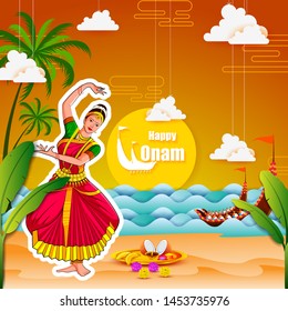 vector illustration of woman performing Mohiniyattam dance for Happy Onam festival of South India Kerala background