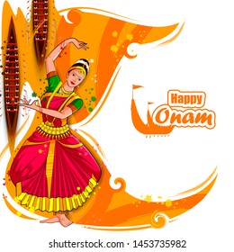 vector illustration of woman performing Mohiniyattam dance for Happy Onam festival of South India Kerala background