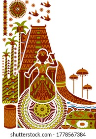 vector illustration of woman performing Mohiniyattam dance for Happy Onam festival of South India Kerala background