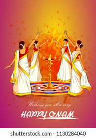 vector illustration of woman performing Thirvathirakali dance for Happy Onam festival of South India Kerala background