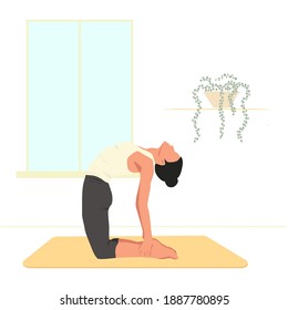 Vector illustration Woman performs the asana ushtrasana or camel pose. Girl doing yoga exercises at home