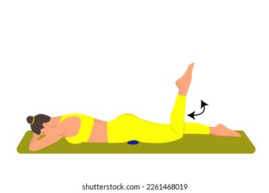 Ilustración vectorial. Una mujer realiza ejercicios en una alfombra con una bola de aguja para la relajación miofascial. La bola se utiliza para relajar los puntos de activación.