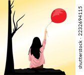 vector illustration of a woman in pink clothes with long black hair sitting sad under a tree holding a red balloon and flying the balloon