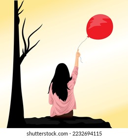 vector illustration of a woman in pink clothes with long black hair sitting sad under a tree holding a red balloon and flying the balloon