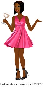 Vector Illustration of woman with pink dress and white wine.