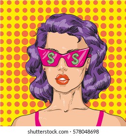 Vector Illustration Of Woman In Pink Sunglasses With Dollar Sign In Retro Pop Art Comic Style. She Looks At Life Through Rose-tinted Glasses.