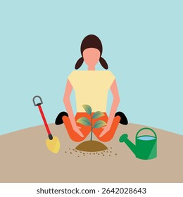 Vector illustration of a woman planting a small tree, symbolizing environmental care and sustainability. Surrounded by a shovel and watering can, it promotes eco-awareness and green living concepts.