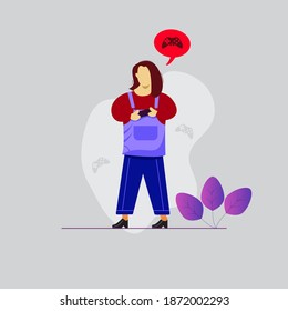 Vector illustration, illustration of woman play game on the phone, modern flat people character