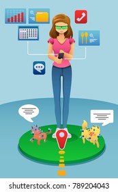 A vector illustration of Woman Playing Augmented Reality Game on Her Phone