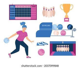 Vector illustration of woman playing bowling and elements of bowling club in flat style. Illustration in blue and pink colors with girl playing bowling, scoreboard with the score of game.