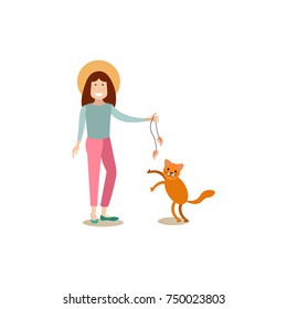 Vector illustration of woman playing with cat. Pet owner and her kitten flat style design element, icon isolated on white background.