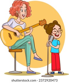 vector illustration of woman playing guitar and singing kids