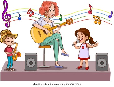 vector illustration of woman playing guitar and singing kids.Music school lesson scene with teachers and little kids. Cartoon flat vector illustration isolated on white background.