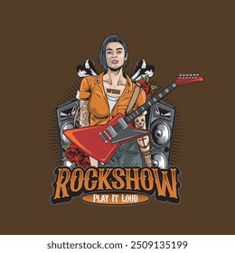 Vector Illustration of Woman Playing Guitar with Active Speakers in Vintage Illustration Available for Tshirt Design