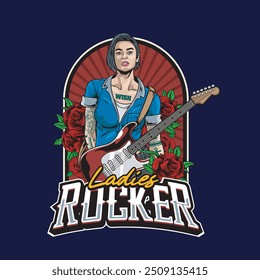 Vector Illustration of Woman Playing Guitar with Roses in Vintage Illustration Available for Tshirt Design