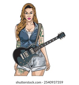 Vector Illustration of Woman Playing Guitar with Detailed Illustration 