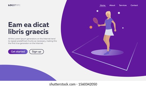 Vector illustration of woman playing tennis. Activity, court, training. Sport concept for banner, website design or landing web page