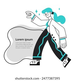 Vector illustration of a woman in a pleasant pose wearing a white lab coat and glasses, with a text placeholder beside her on a white background.