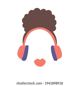 Vector illustration with woman podcast concept. Logo design for broadcast show or radio host. African curly female character with big headphones and red lips. Music jazz show. Cartoon flat artwork