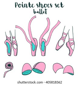 Vector illustration of woman pointe shoes made in cartoon hand drawn style isolated on white background. Vector template for business card and banner