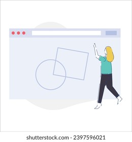 Vector Illustration of Woman Pointing to Blank Website with Copy Space.