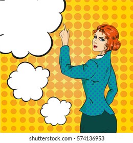 Vector Illustration of woman pointing at something in retro pop art comic style. Speech bubbles. Pointing hand sign.
