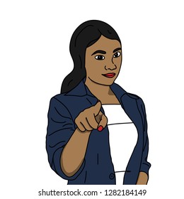 Vector illustration of woman pointing towards screen at you