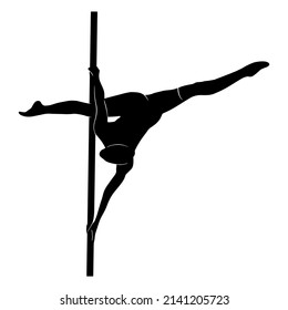 Vector illustration with woman pole dancing. Physical activity in the studio. Healthy girl fit shadow shape isolated on white background. Healthy lifestyle logo print.