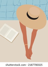 Vector illustration of a woman in the pool with a hat