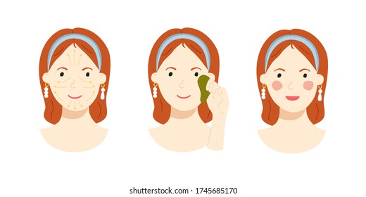 Vector illustration of a woman portrait with facial massage lines. Girl cares about her face with gua sha. Beauty routine steps