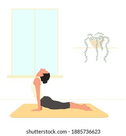 Vector illustration of a woman practicing the Bhujangasana yoga pose. The girl is doing relaxing exercises at home.