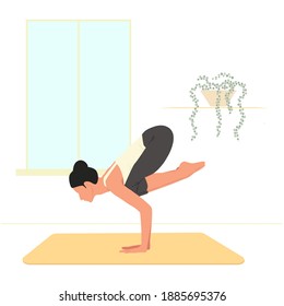 Vector illustration of a woman practicing inverted crane or bakasana yoga pose. The girl is doing relaxing exercises at home.