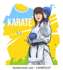 Vector illustration of a woman practicing karate. Female martial artist standing in battle stance, ready to fight. Karate, taekwondo. Beautiful sport themed poster