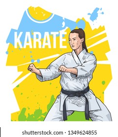 Vector illustration of a woman practicing karate. Female martial artist standing in battle stance, ready to fight. Karate, taekwondo. Beautiful sport themed poster