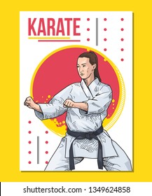 Vector illustration of a woman practicing karate. Female martial artist standing in battle stance, ready to fight. Karate, taekwondo. Beautiful sport themed poster