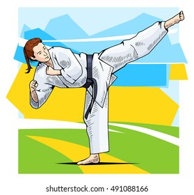 Vector illustration of a woman practicing karate. Female martial artist showing high kick. Karate, taekwondo. Beautiful sport themed poster.